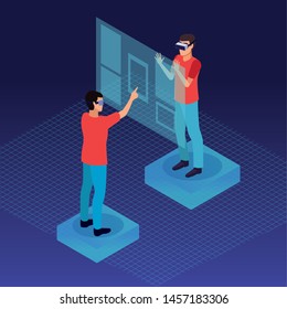 Couple playing with virtual reality glasses on purple space background cone hologram vector illustration graphic design