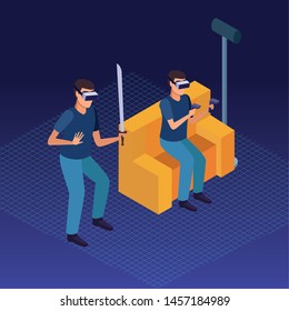 Couple playing with virtual reality glasses on purple space background cone hologram vector illustration graphic design