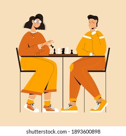 Couple plays chess. Man and woman competing in chess together. Leisure activity concept vector illustration. People sitting at the table with chessboard and chess figures. Chess tournament at club.