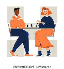 Couple plays chess. Man and woman competing in chess together. Leisure activity concept illustration. People sitting at the table with chessboard and figures. Chess tournament at chess club.
