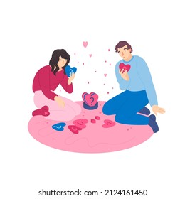 A couple plays together at home. Funny time learning from each other. Playing, competing and laughing. Board games concept. Editable vector illustration with cute characters on a white background.