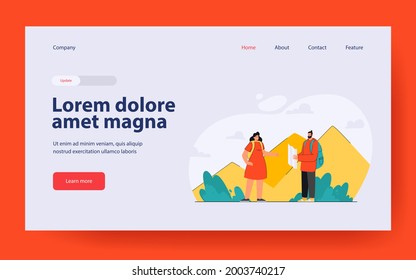 Couple plotting rout for hiking. Couple of hikers with map thinking about trek to top of mountain. Outdoor activity concept for banner, website design or landing web page