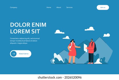 Pareja de rutas de conspiración para hacer senderismo. Un par de excursionistas con un mapa pensando en ir a la cima de la montaña. Concepto de actividad al aire libre para banner, diseño de sitios web o página web de aterrizaje