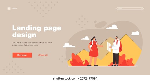 Couple plotting rout for hiking. Couple of hikers with map thinking about trek to top of mountain. Outdoor activity concept for banner, website design or landing web page