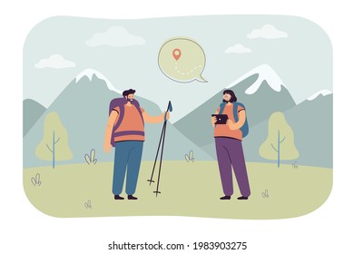 Camino de copeo para hacer senderismo. Un par de excursionistas con una tableta pensando en caminar hasta la cima de la montaña. Concepto de actividad al aire libre para banner, diseño de sitios web o página web de aterrizaje