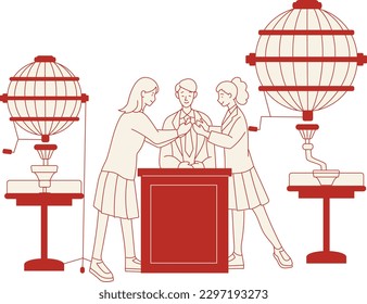 pareja en el podio con bombillas sobre fondo blanco, ilustración vectorial