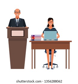 couple in a podium and office desk