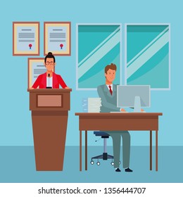 couple in a podium and office desk