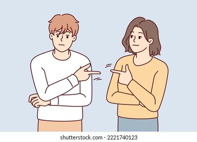 Couple point fingers at each other avoid responsibility in fight or argument. Stubborn man and woman put guilt on one another. Relationship problem. Vector illustration. 