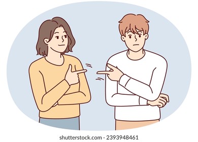 Couple point fingers at each other avoid responsibility in fight or argument. Stubborn man and woman put guilt on one another. Relationship problem. Vector illustration.