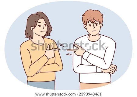 Couple point fingers at each other avoid responsibility in fight or argument. Stubborn man and woman put guilt on one another. Relationship problem. Vector illustration.