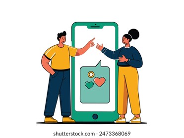 couple  are pointing on smartphone. vector cartoon style  illustrator