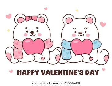 Couple Polar bear card valentine animals holding heart winter season (Cute cartoon). Series: kawaii sticker whimsical characters. Perfect for romantic wedding vector Flat clipart banner t shirt design