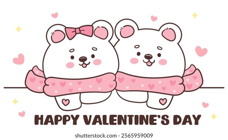 Couple Polar bear card valentine animals happiness winter season (Cute cartoon). Series: kawaii sticker whimsical characters. Perfect for romantic wedding vector Flat clipart banner t shirt design.