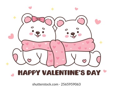 Couple Polar bear card valentine animals hug together winter season (Cute cartoon). Series: kawaii sticker whimsical characters. Perfect for romantic wedding vector Flat clipart banner t shirt design