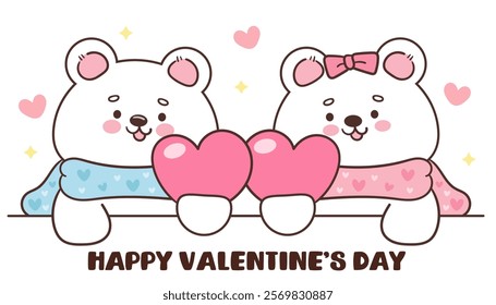 Couple Polar bear cub card valentine animals lovely hug heart lover (Cute cartoon). Series: kawaii sticker whimsical characters. Perfect for romantic wedding vector Flat clipart banner t shirt design.