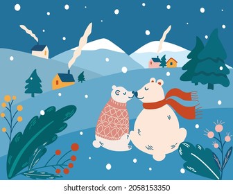 Un par de osos polares. El paisaje invernal. Viajes por la naturaleza y vida silvestre, bosque. Postales de Felices Fiestas. Dibujo a mano vector Ilustración para Navidad y diseño de año nuevo. 


