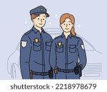 Couple of police employees in uniform standing near car. Officers work as patrol on street. Occupation concept. Vector illustration. 