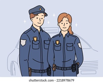 Un par de policías uniformados parados cerca del auto. Los oficiales patrullan la calle. Concepto de ocupación. Ilustración vectorial. 