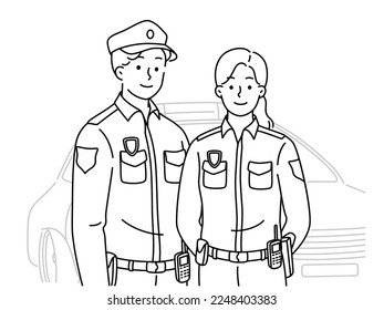 Couple of police employees in uniform standing near car. Officers work as patrol on street. Occupation concept. Vector illustration. 