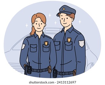 Couple of police employees in uniform standing near car. Officers work as patrol on street. Occupation concept. Vector illustration.