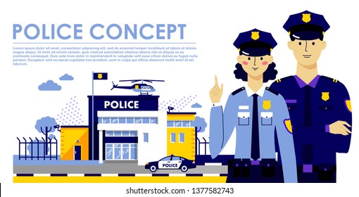 Couple of policemen and police station building on modern background in trendy flat style. City police department and team of young officers man and woman characters.