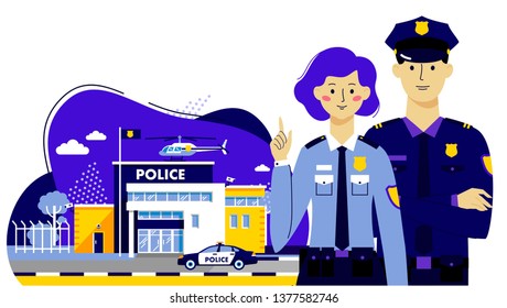 Couple of policemen and police station building on modern background in trendy flat style. City police department and team of young officers man and woman characters.