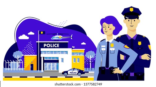 Couple of policemen and police station building on modern background in trendy flat style. City police department and team of young officers man and woman characters.