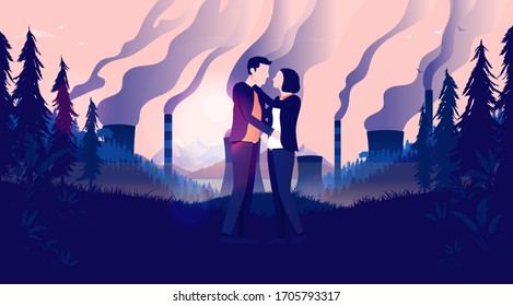 Couple in a polluted landscape. Two people in a relationship standing in nature with factories polluting the atmosphere. Climate change, hope for a better tomorrow and future concept. Vector.