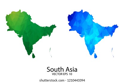 Couple Polygon Set Map - High Detailed Green and Blue Low Poly Map of South Asia. Vector illustration eps 10.