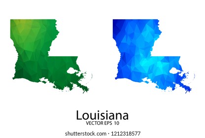 Couple Polygon Set Map - High Detailed Green and Blue Low Poly Map of Louisiana. Vector illustration eps 10.