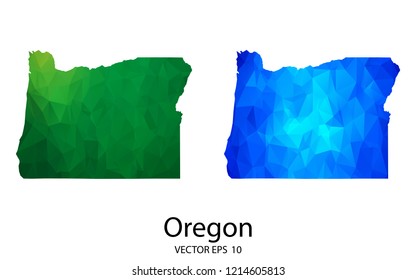 Couple Polygon Set Map - High Detailed Green and Blue Low Poly Map of Oregon. Vector illustration eps 10.