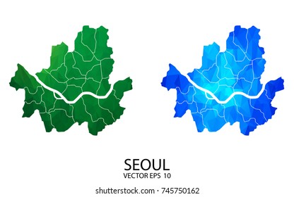 Couple Polygon Set Map - High Detailed Green and Blue LowPoly Map of Seoul. Vector illustration eps 10.