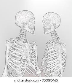 A couple of polygonal human skeleton in monochrome color on white background