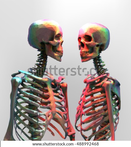A couple of polygonal skeleton in rainbow color with wireframe edge on bright background