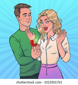 Couple in pop art style. Man present woman a ring. Man and Woman in love. Vector illustration. Love theme.
