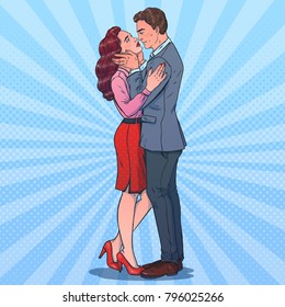 Couple in pop art style. Man and woman hugging. First kiss.Vector illustration. Love theme.