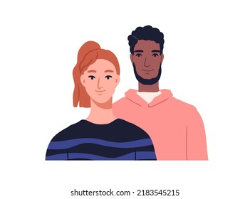 Couple portrait. Biracial man and woman faces. Happy smiling friends, young male and female characters. Wife and husband of different race. Flat vector illustration isolated on white background