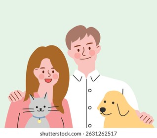 retrato de casal com um gato e um cachorro