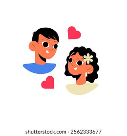 Couple Portrait With Hearts In Flat Vector Illustration Symbolizing Love, Affection, And Relationship, Isolated On White Background