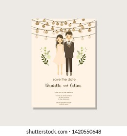 Couple Portrait Illustration Wedding Invitation Save the Date Template