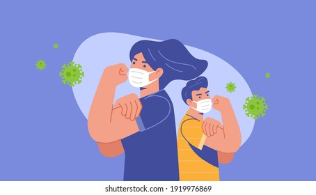 A couple pose we can do it to fight corona virus covid-19 with virus particle floating around them