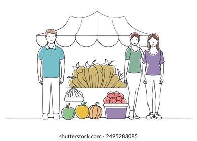 A couple poses in front of a vibrant produce stand, surrounded by fresh fruits and vegetables Hand drawn offset fill with doodle illustration