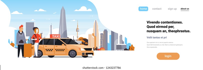 A couple pPassengers order yellow taxi service and stand outside car cab with cityscape background. Man woman cartoon character horizontal banner copy space