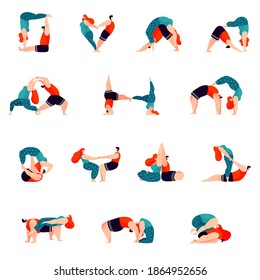 A couple practicing acro yoga. Set of asana's icons isolated on white. Vector illustration. Trendy character's design.