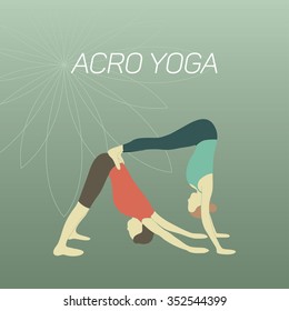 Couple practicing acroyoga. Downward facing dog posture and handstand. Flat design.