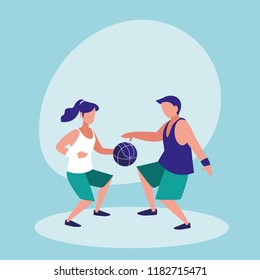 couple practicing basketball avatar character