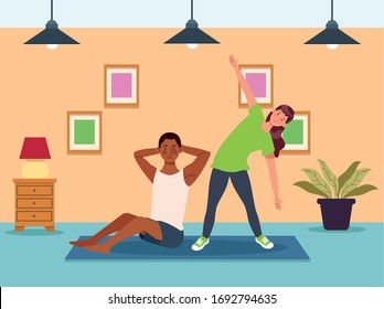 couple practicing exercise in the house vector illustration design