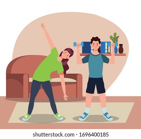 couple practicing exercise in the house vector illustration design