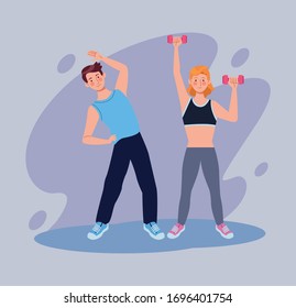 couple practicing exercise in the house vector illustration design